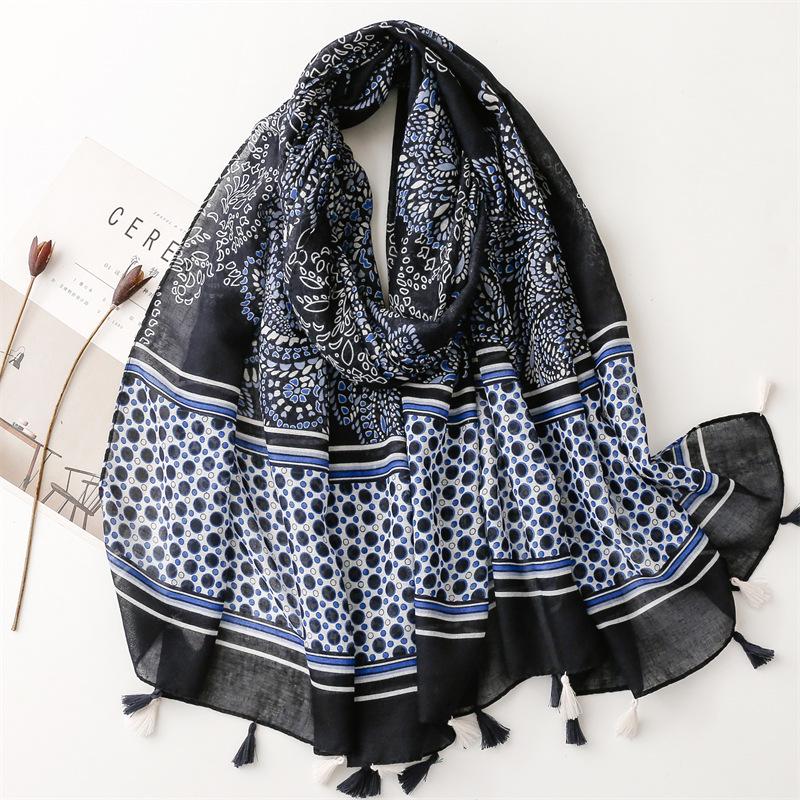 Bali Yarn Cotton-Linen Scarf: Fresh Solid Color, Fruit Green & Bright Yellow Leaf Print with Tassel Detail