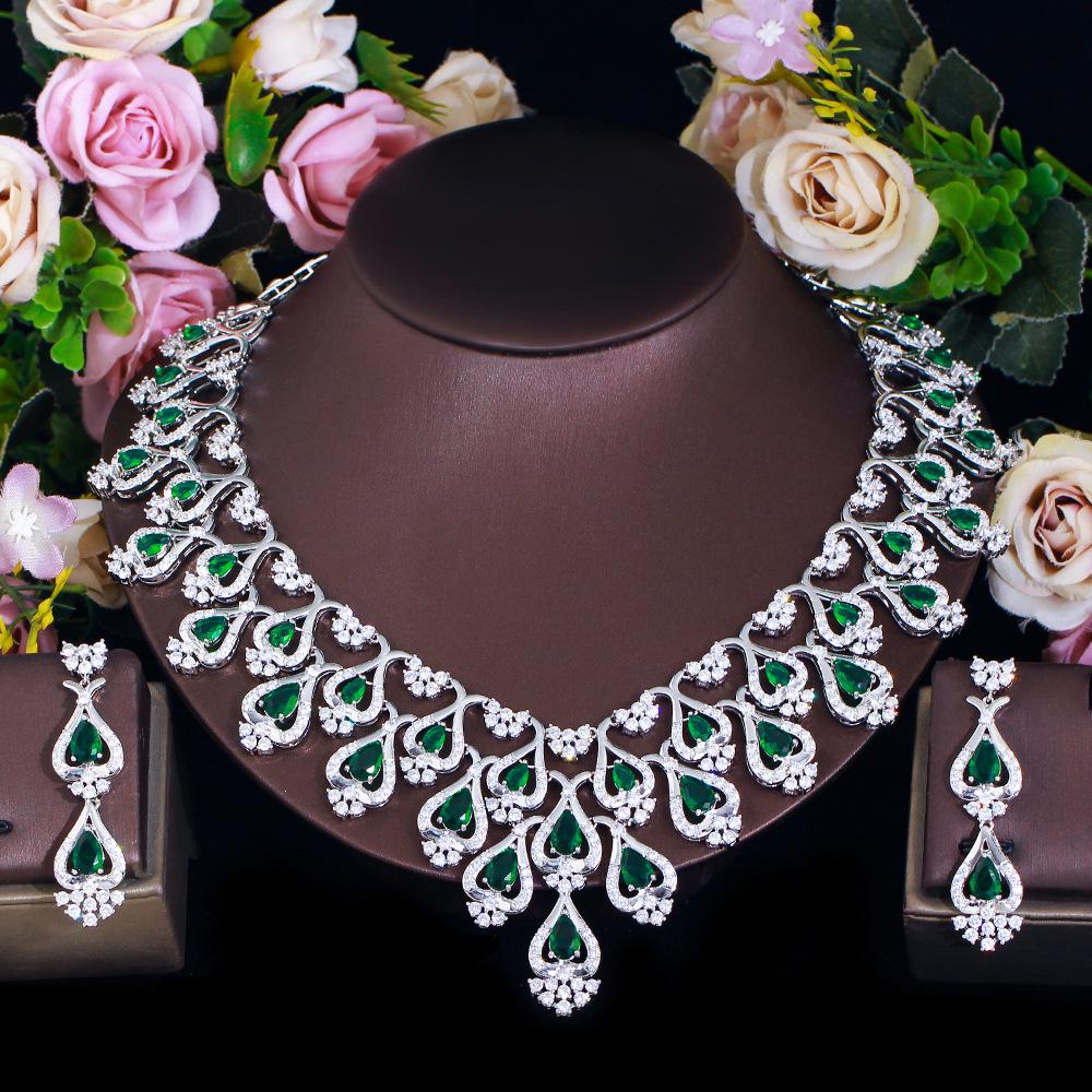 Emerald Crystal Zircon Necklace & Earring Set - Luxury European & American Fashion Bridal Accessories