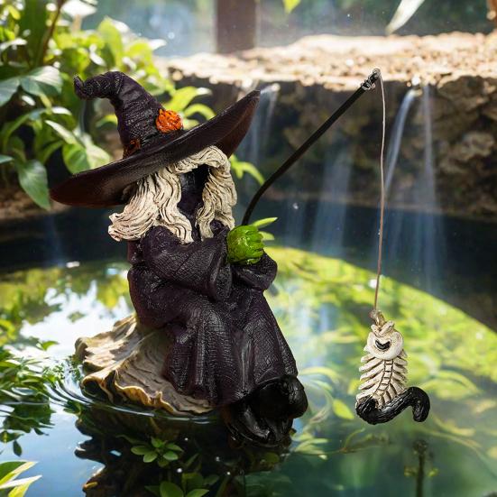 Halloween Fishing Witch Figurine Spooky Cartoon Home Office Desktop Holiday Statue Resin Sculpture Party Decoration
