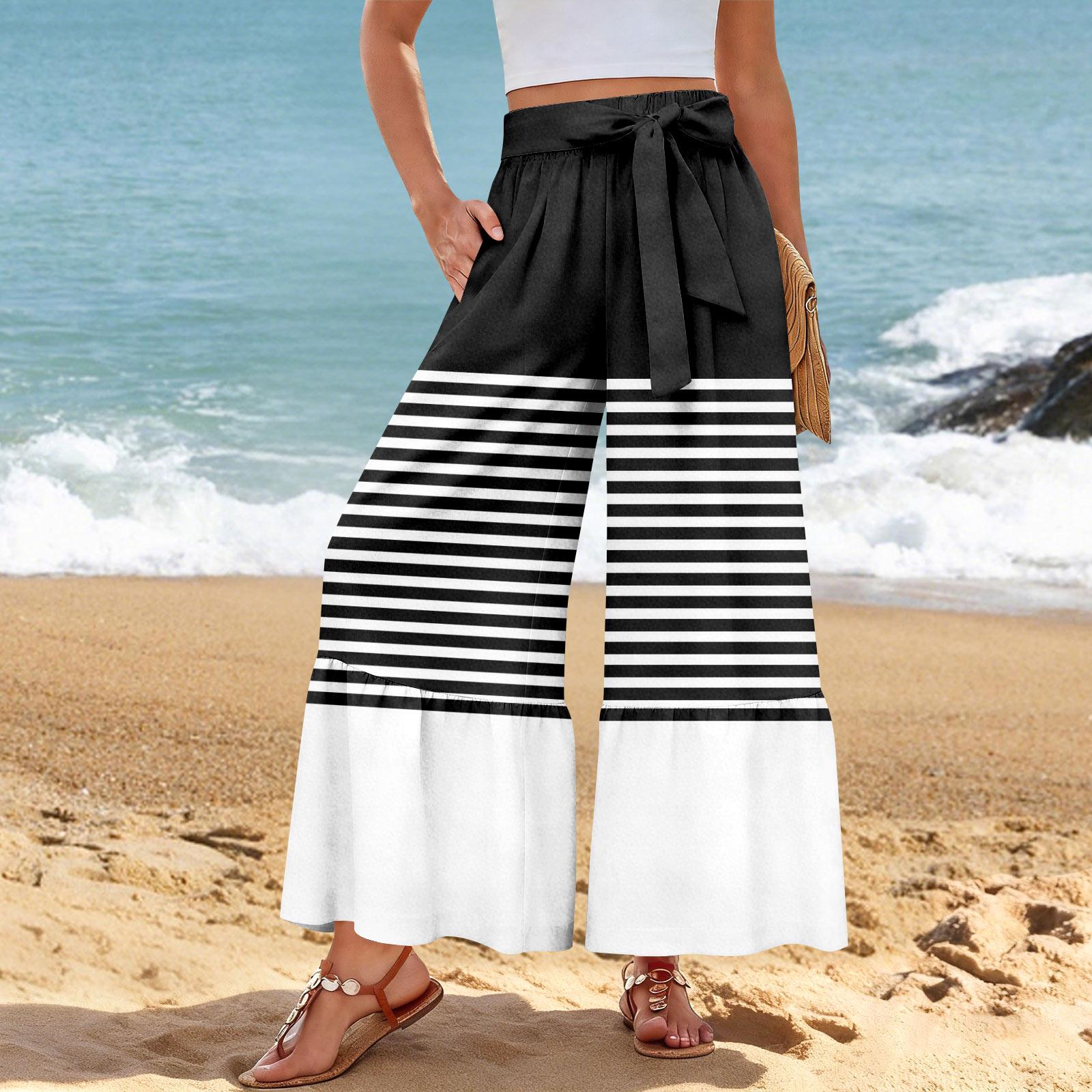 

Women s Wide-Leg Casual Pants, Stretch, High Waist, Ruffled Hem, Wide Legs, Belted, And Pockets XL