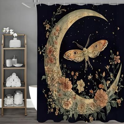 Moon Flower Moth Star Shower Curtain, Bathroom Decorative Shower Curtain, Waterproof Shower Curtain with Hooks