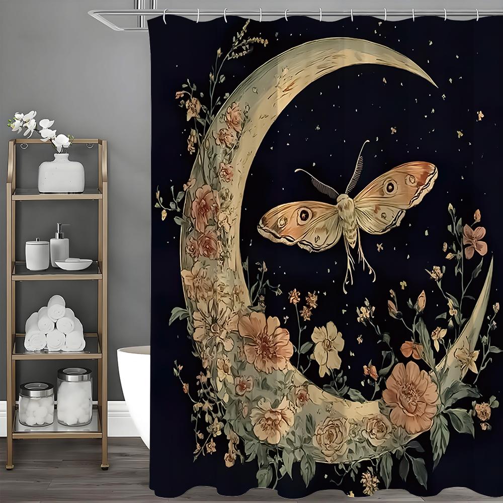 Moon Flower Moth Star Shower Curtain, Bathroom Decorative Shower Curtain, Waterproof Shower Curtain with Hooks