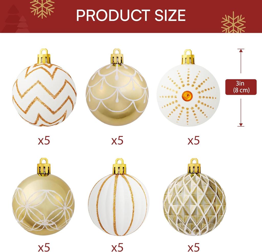 JOYFY 30 Pcs 2.36'' Christmas Balls Ornaments Gold & White Assorted Christmas Hanging Ornaments for Xmas Tree Wreath Party