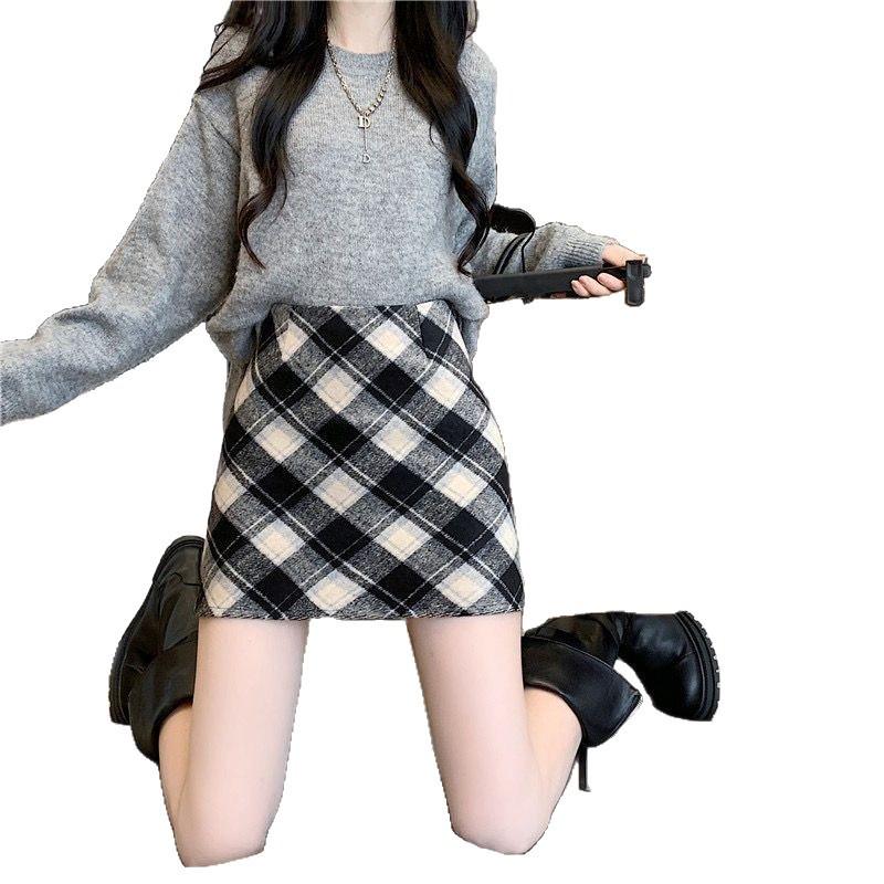 2025 Women's High Waist Plaid A-Line Wool Midi Skirt for Spring, Summer, and Autumn