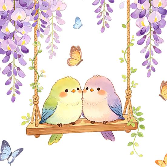 Watercolor Wisteria Birds Wall Decal, Self-Adhesive Residue-Free Window Sticker, Easy Apply Wall Sticker for Bedroom Kitchen Bathroom