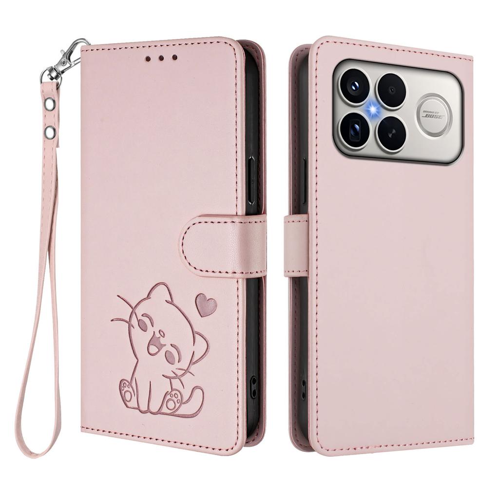 For Xiaomi Redmi K90 Pro Max 5G Wallet Case with Wrist Strap Love Cat Pattern Imprint Leather Phone Cover