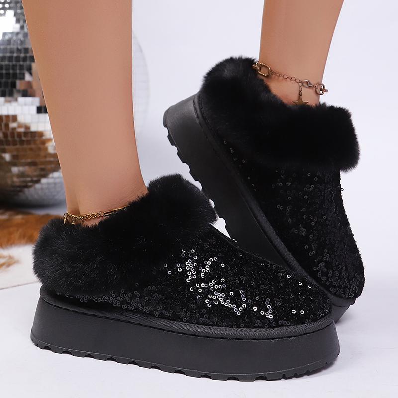 Fashion Shiny Sequins Fluffy Snow Boots for Women Winter Thick Sole Warm Plush Ankle Boots Woman Faux Fur Chunky Platform Booties Female