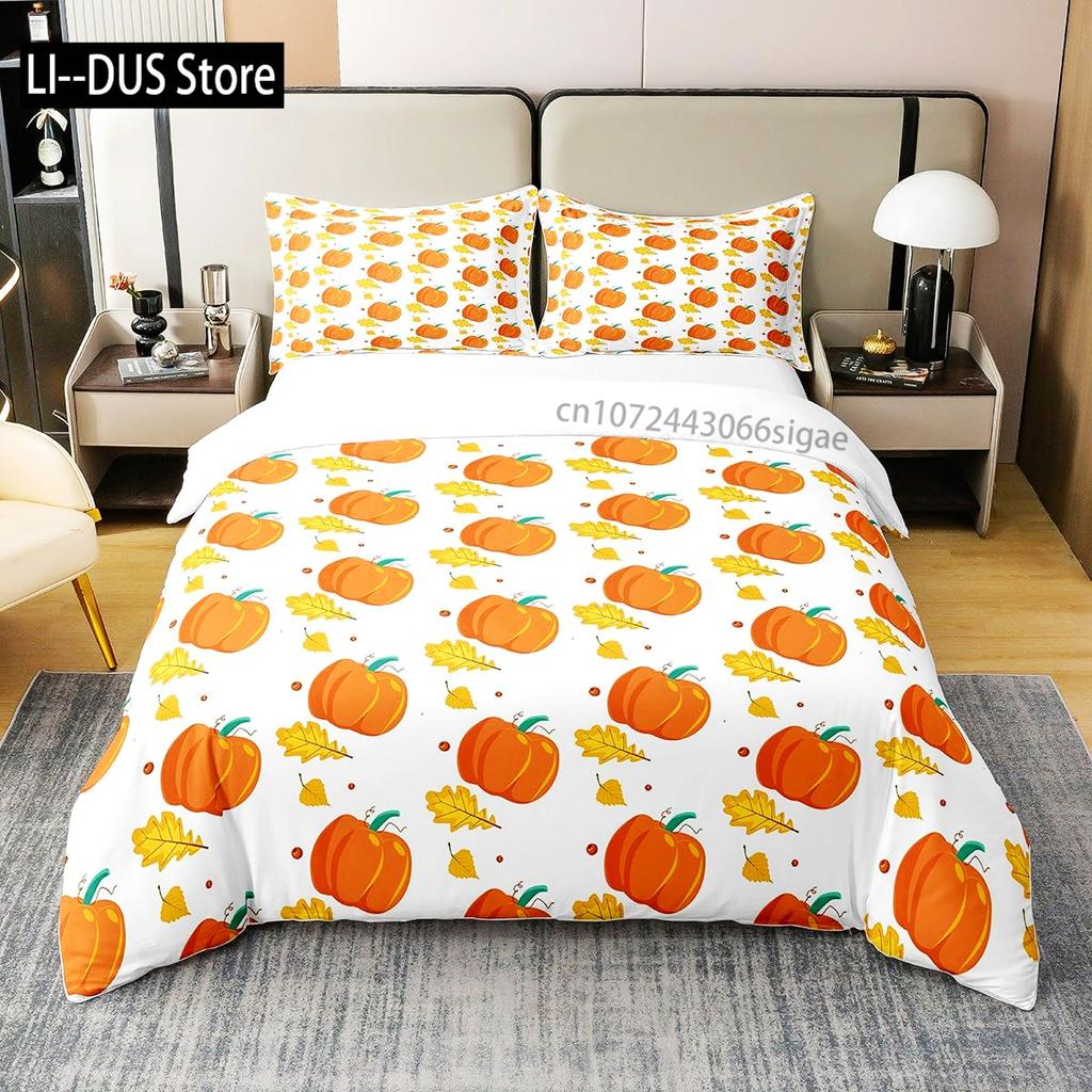 Autumn Pumpkin Duvet Cover Full Size 3 Pcs Watercolor Orange Maple Leaves Bedding Set For Kids Teens Adults With 2 Pillowcases