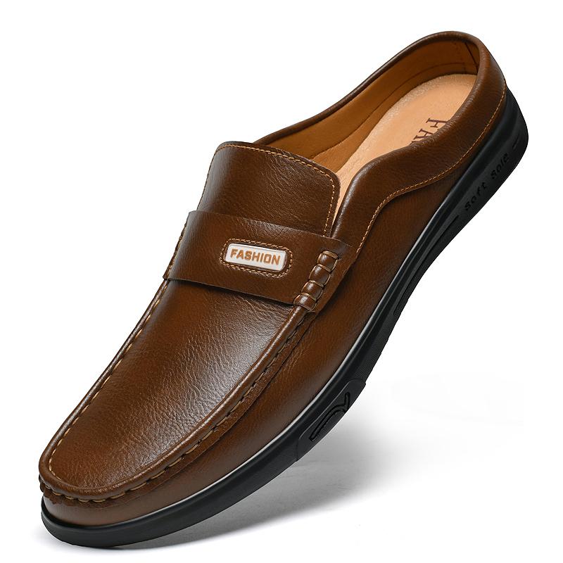 Fashion Breathable Mens Half Slippers Stylish Leathe Male Muller Shoes Loafers Comfy Muller Flats Lazy Shoes Soft Handmade Casual Shoes