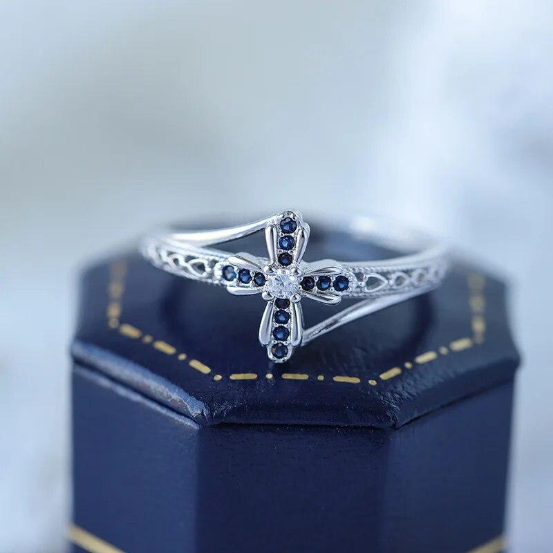 Creative Double Openwork Cross Sapphire Couple Ring for Women S925 Sterling Silver Anniversary Gift Jewelry Sterling Silver Rings for Women