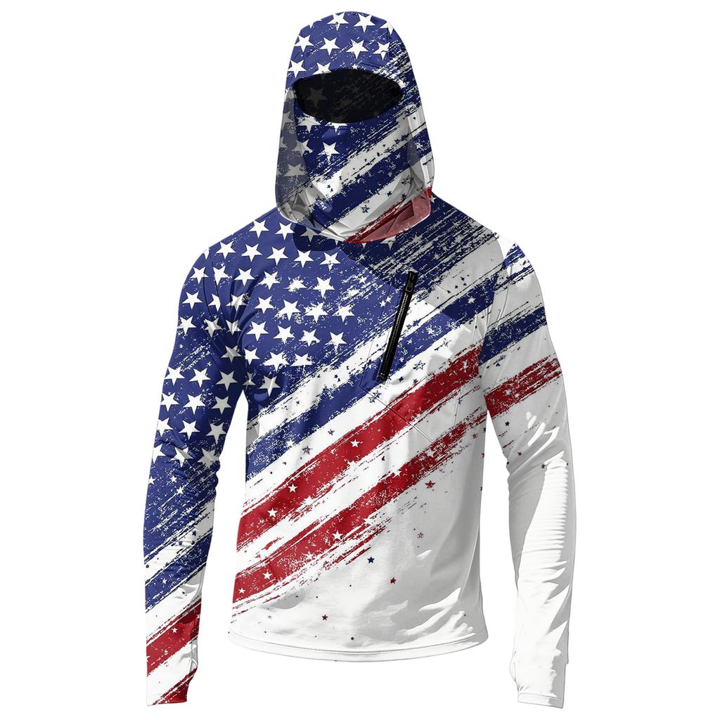 Men’s Casual Long Sleeve Hoodie with Independence Day Print Lightweight Sun Protection Pullover Top with Front Pocket Slash Design