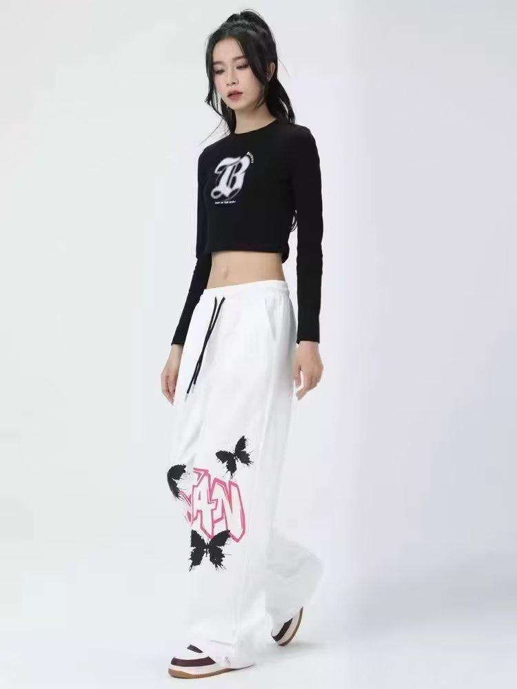 American Graffiti Butterfly Sweatpants: Korean Jazz Street Dance - Women's High-Design Spring/Summer Casual Wear