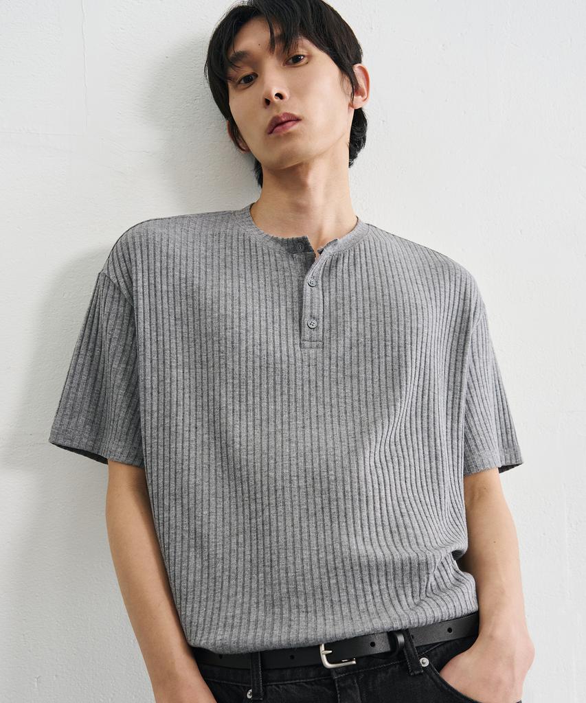 DRAW FIT Constant Ribbed Henley Neck T-Shirt [Black]