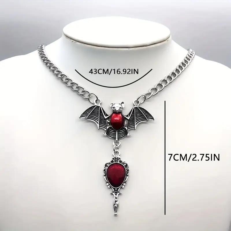 Gothic Vampire Bat Pendant Necklace With Alloy Bloodstone Charm For Women