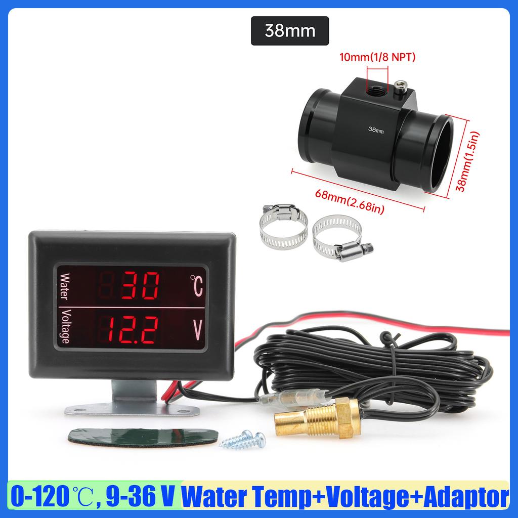 MAIMEIMI Red LED Digital 0-120℃ Water Temperature+Voltage Auto Car Mini Dual Water Temp Gauge with Sensor Adapter 26-40mm