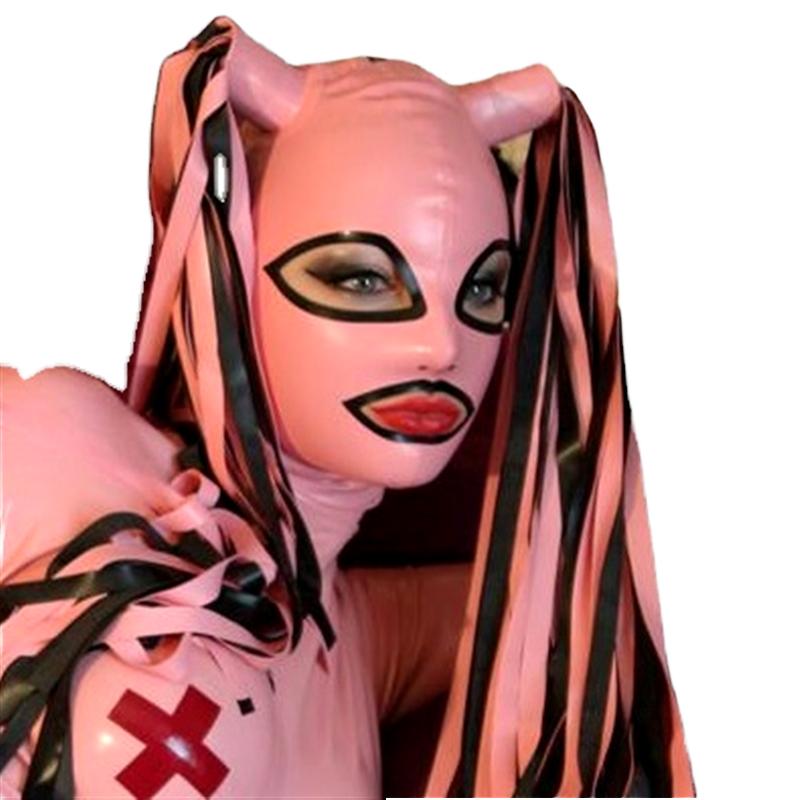 Rapid Shipment Latex Zentai Catsuit Hoods & Masks Pink with Black Trim Back Zipper & Hair Tube