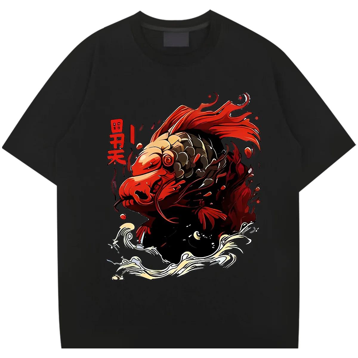 

Футболка Fish Japanese Tee Oversize с круглым вырезом, одежда в стиле хип-хоп, мужские летние футболки с принтом, модная уличная свободная рубашка XXXXXL чёрный