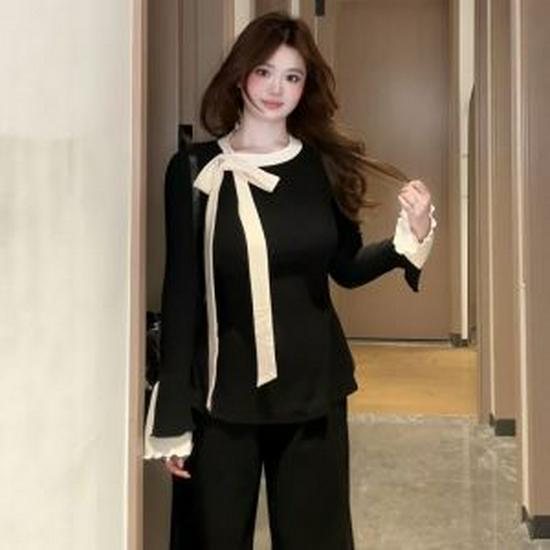 

Plus Size Velvet Bow Long Sleeve Top for Women - Slimming Casual Spring/Autumn Layer XL [Recommended 60-70 kg] чёрный