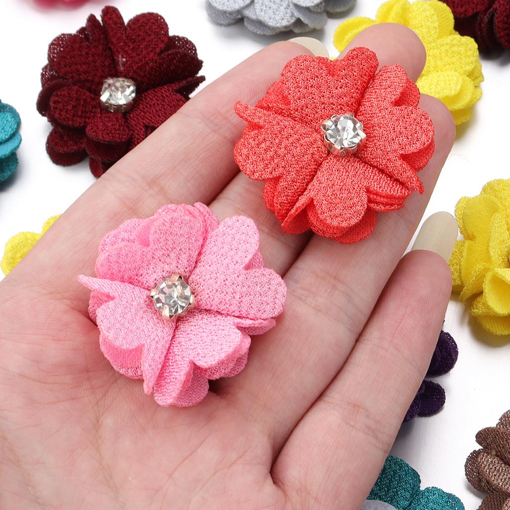 10pcs Colorful Fabric Flower 3.5cm Rhinestone Flower Core Pearl Hemp Flower Applique For DIY Clothing Sewing Headwear Decoration