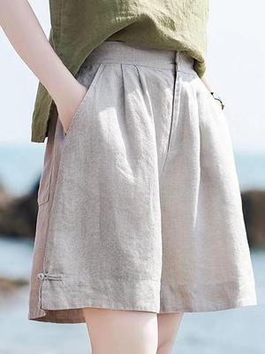 Women's High-Waisted Linen Wide-Leg Capris: Casual, Slimming, Retro, and Versatile Cotton Shorts