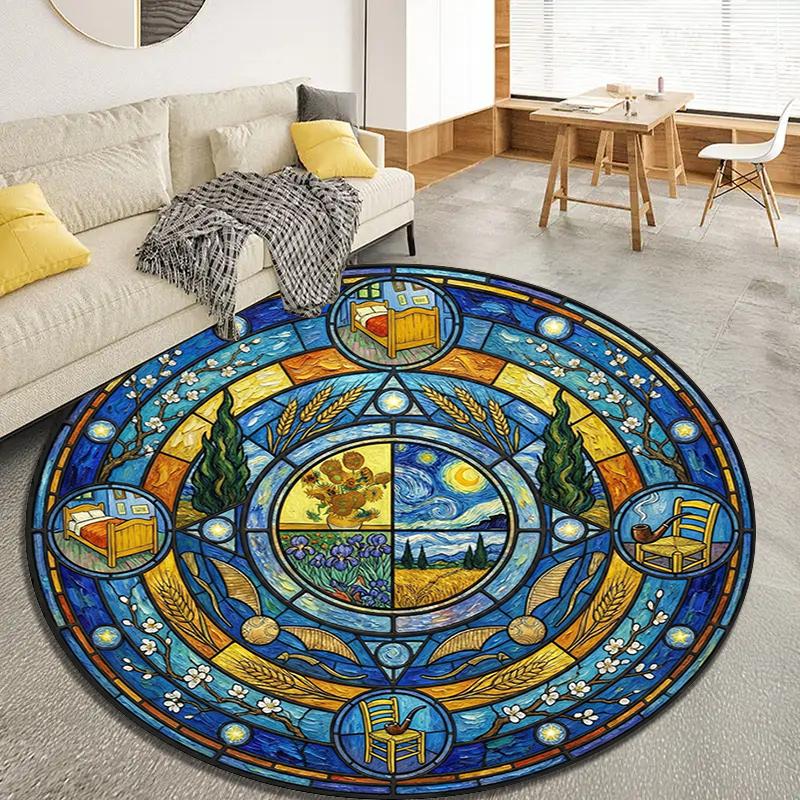 Mandala Famous Painting Round Area Rug,Carpet Rug for Living Room Bedroom Sofa Playroom Decor,Non-slip Floor Mat Q0024