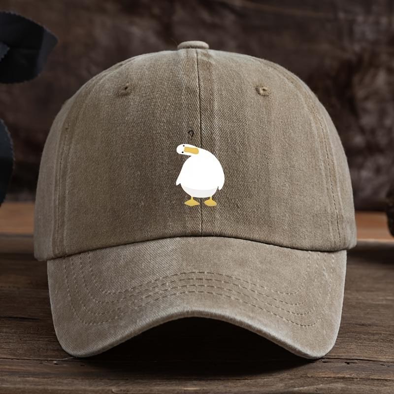 Cute duck print baseball cap with adjustable snap button, breathable fabric, outdoor casual headpiece