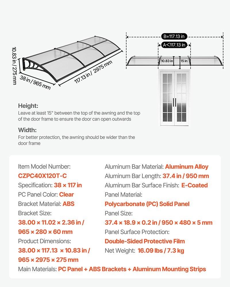 Awnings for Door Entrance, 38 X 117 In, Exterior Front Door Window Awnings with Drainage & ABS Bracket, Rain Snow Sun Protection, Overhang