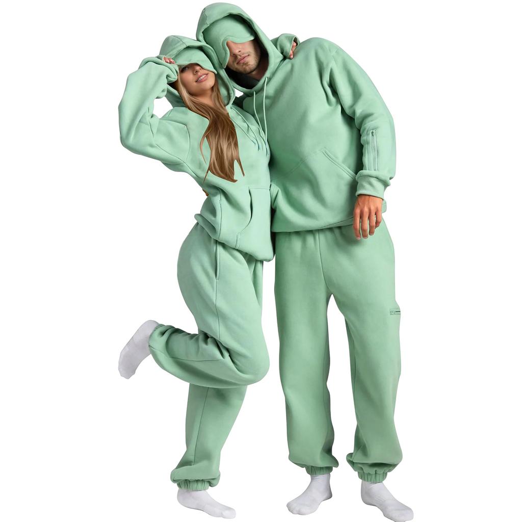 Unisex Fashion Solid Color Flight Mode Travel Hoodie Sports Shirt With Built In Eye Mask Sports Pants Loose 2-piece Set