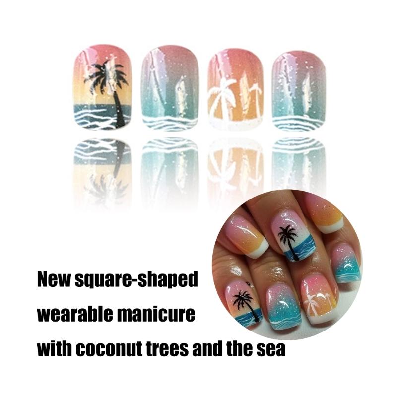 24x Unghie Finte Quadrate Corte Mare e Albero di Cocco Unghie Press On Estive Unghie Acriliche Lucide Copertura Totale Unghie da Incollare