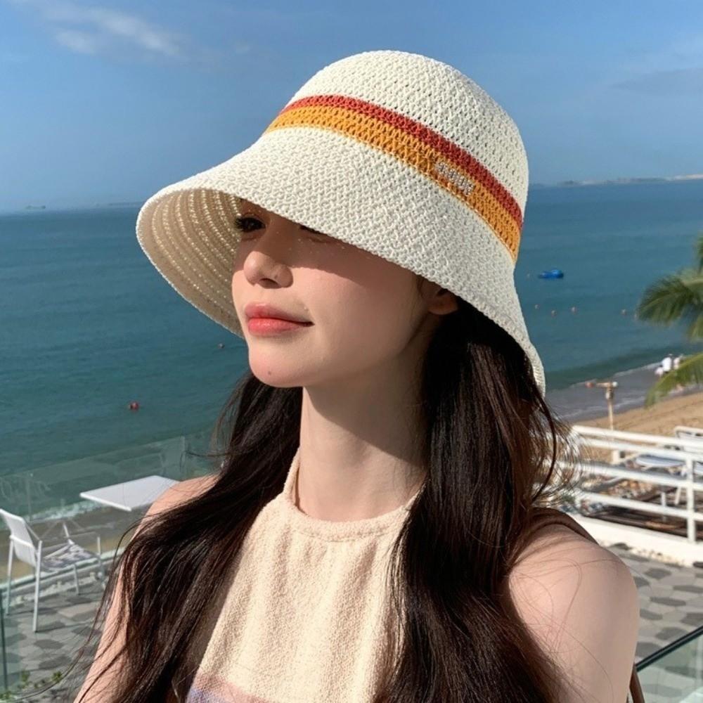 Breathable Hollow Straw Cap Contrast Stripes Sun Hat Simple Wide Brim Bucket Hat  Outdoor