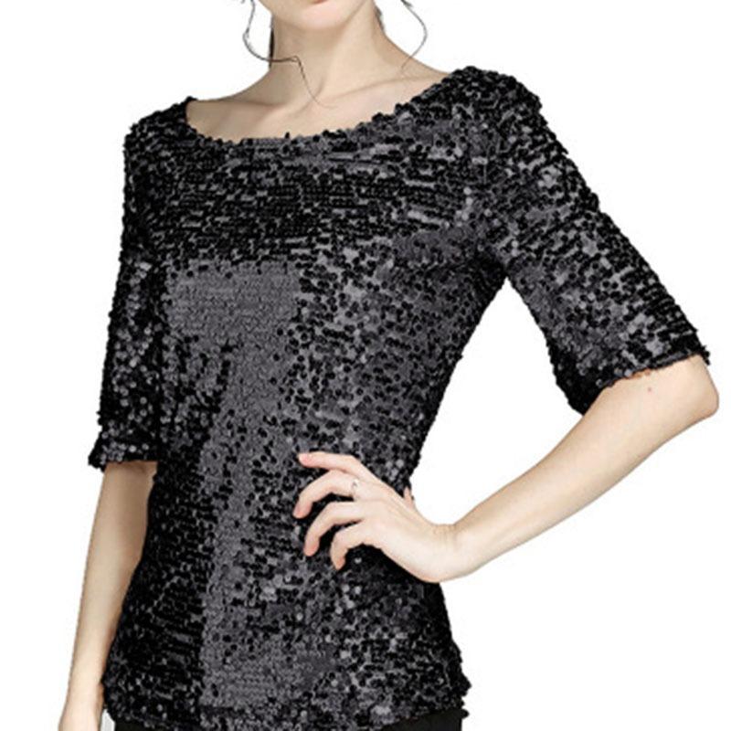 Women Shiny Sequin Loose Blouses Elegant Stylish Crew Neck Glittering Tops Five-point Sleeve Casual Stretch Shirt