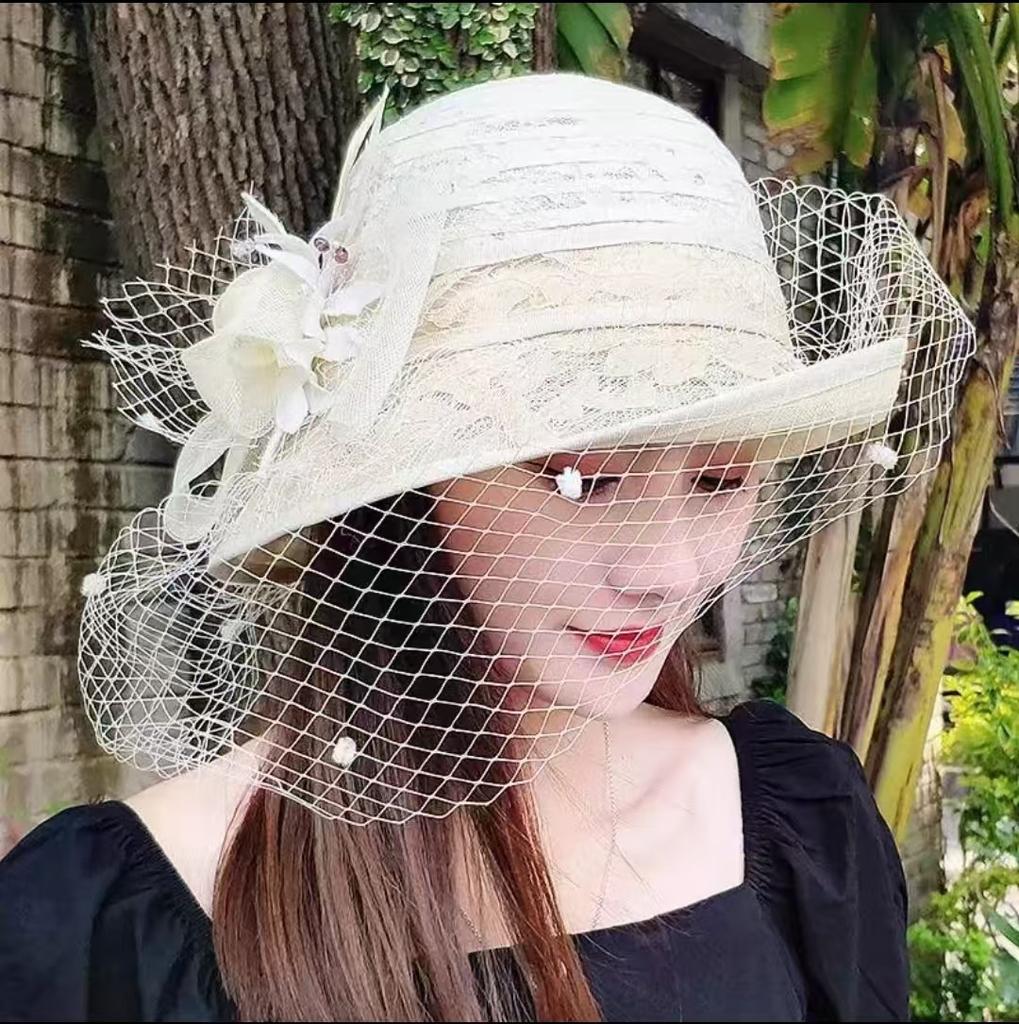 Summer hat women's curled edge elegant top hat face covering mesh sun protection sun hat retro fashion flower sun hat