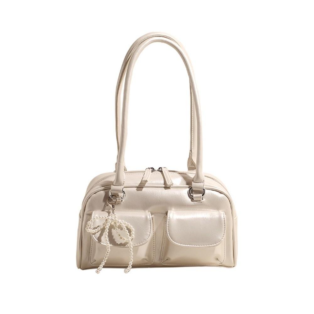 Solid Color Pocket Boston Tote Bag Korean Style Underarm Bag Temperament PU Bowling Bag  Travel