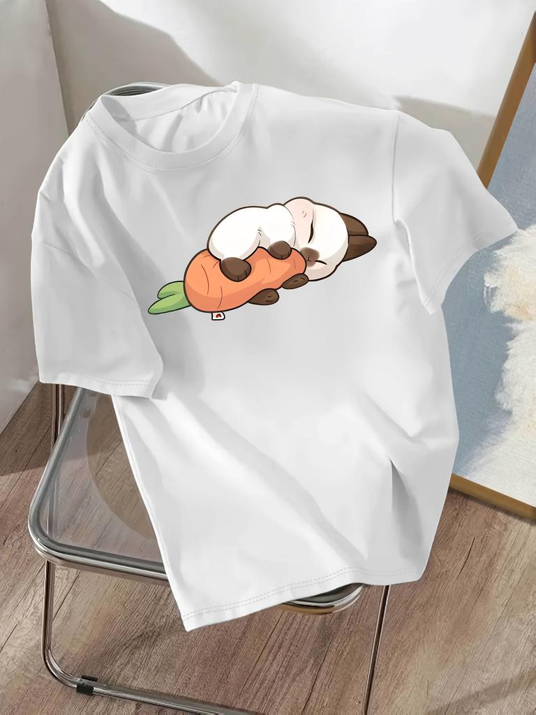 The Little Rabbit Is Sleeping with A Carrot Printed Summer Womens Tshirt Top Round Neck Short Sleeved Casual Womens Clothing