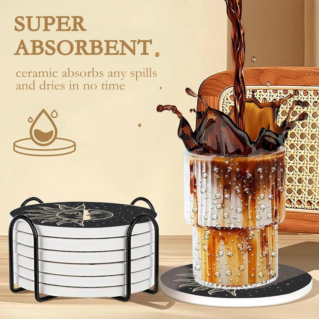 Drink Coasters with Holder,6 Pcs Moon Phases Absorbent Ceramic Coasters with Cork Base,Cute Funny Table Drinks Coasters,Table Home Decor,4 Inches