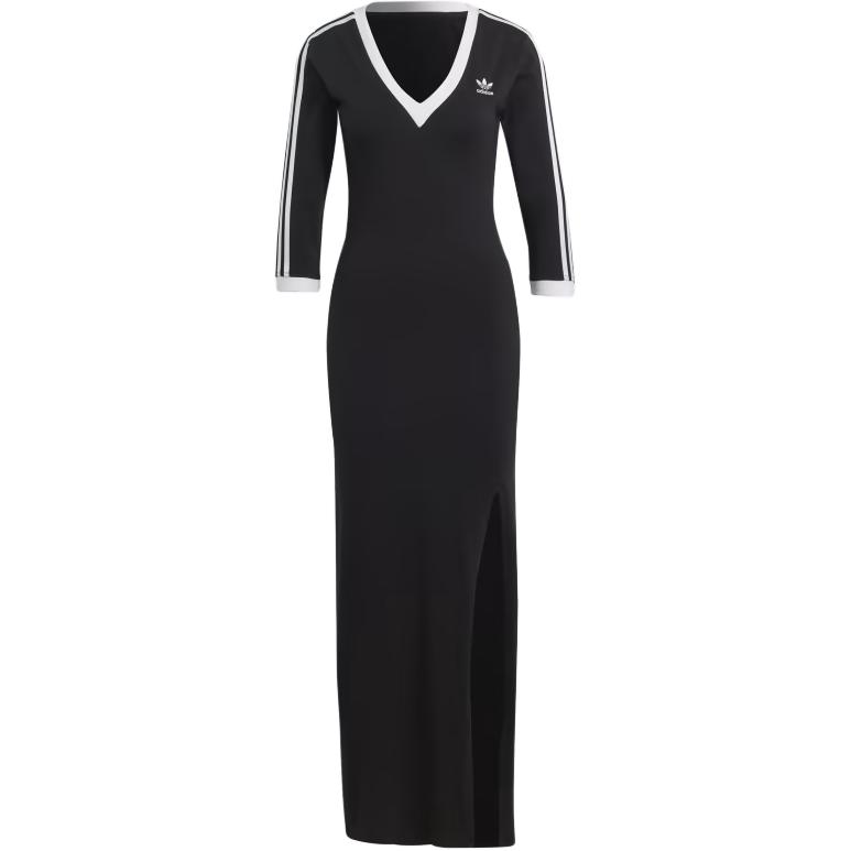 Adidas Originals Adicolor Classics 3-Stripes Maxi Dress with Colorblock V-Neck and Half Sleeves Women Dress Black IK0439