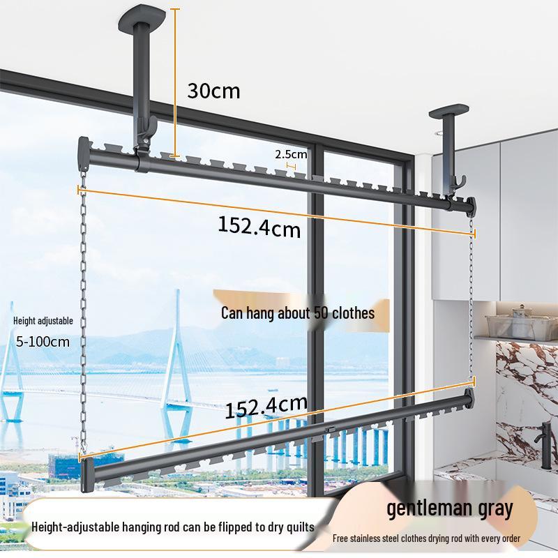 Double-Layer Top-Mount Clothes Drying Rod with Chain and Horizontal Bar for Balcony Installation