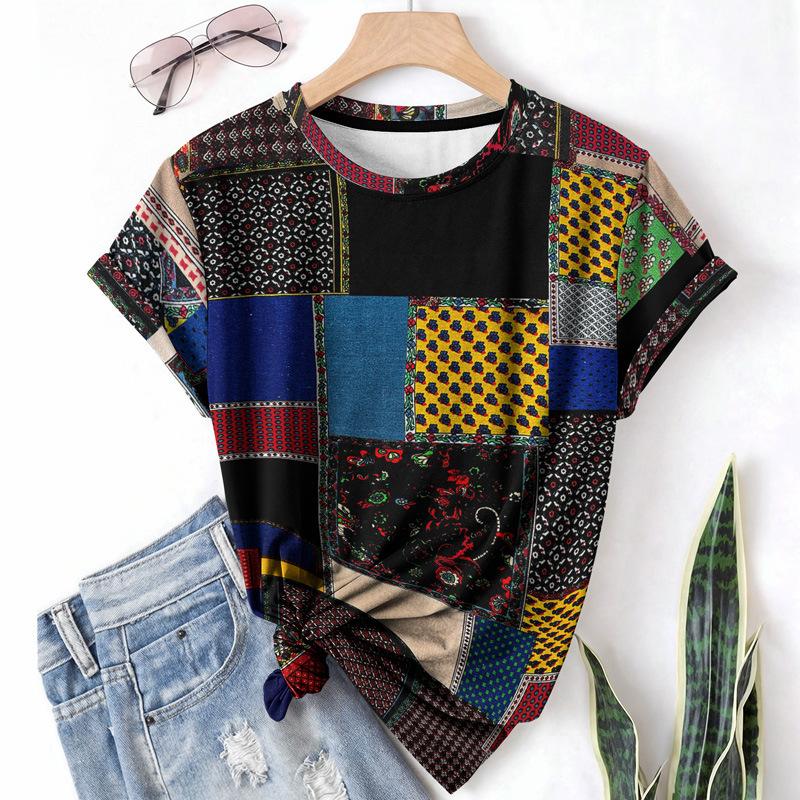 Letní dámské tričko s krátkým rukávem, kulatým výstřihem, patchworkovým džínovým vzorem a 3D potiskem
