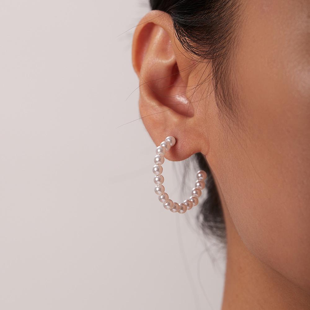 Elegant 18K Gold Pearl C-Shaped Stainless Steel Stud Earrings for Women - French INS Style