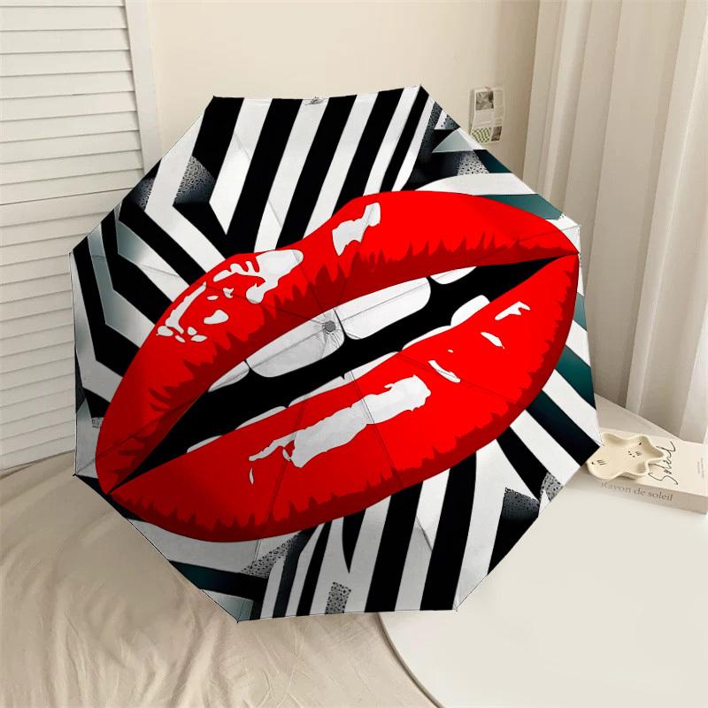 

1pc Lips Stripes Automatic Open/Close Umbrella with Windproof, 8-Rib Sturdy Canopy, Durable Ribs, Fashionable Design1209A