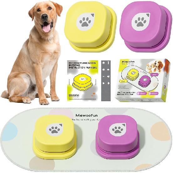 MEWOOFUN Dog Buttons Talk, Recordable Dog Talking Training Buttons for Communication, Dog Clicker for Training with Training Manual, Mat and 2 Pack