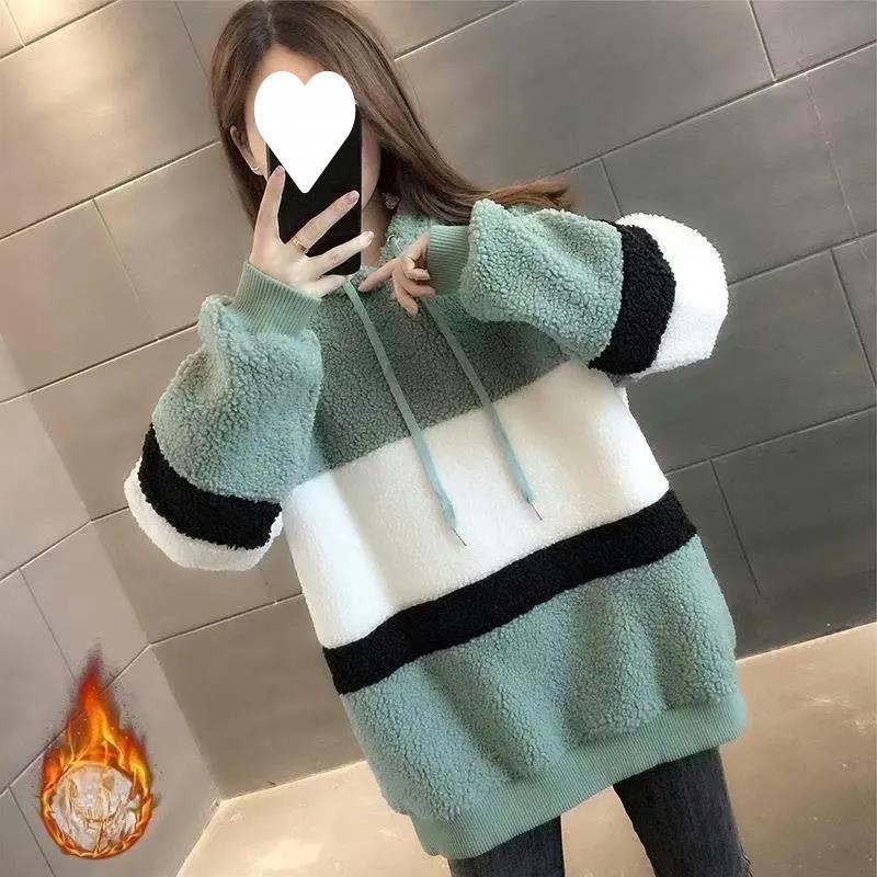 Lamb Wool Plus Velvet Sweatshirt Women's Autumn and Winter Loose Large Size Outer Wear Thickened Warm Hooded Top Jacket