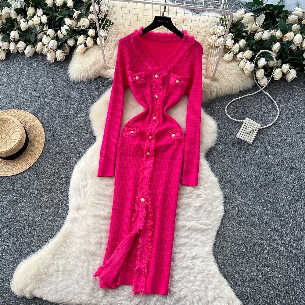 Neue Damenkleider Herbst Winter Vintage Patchwork Strick-Midikleid Elegant V-Ausschnitt Damen Rüschenhemd Pulloverkleid