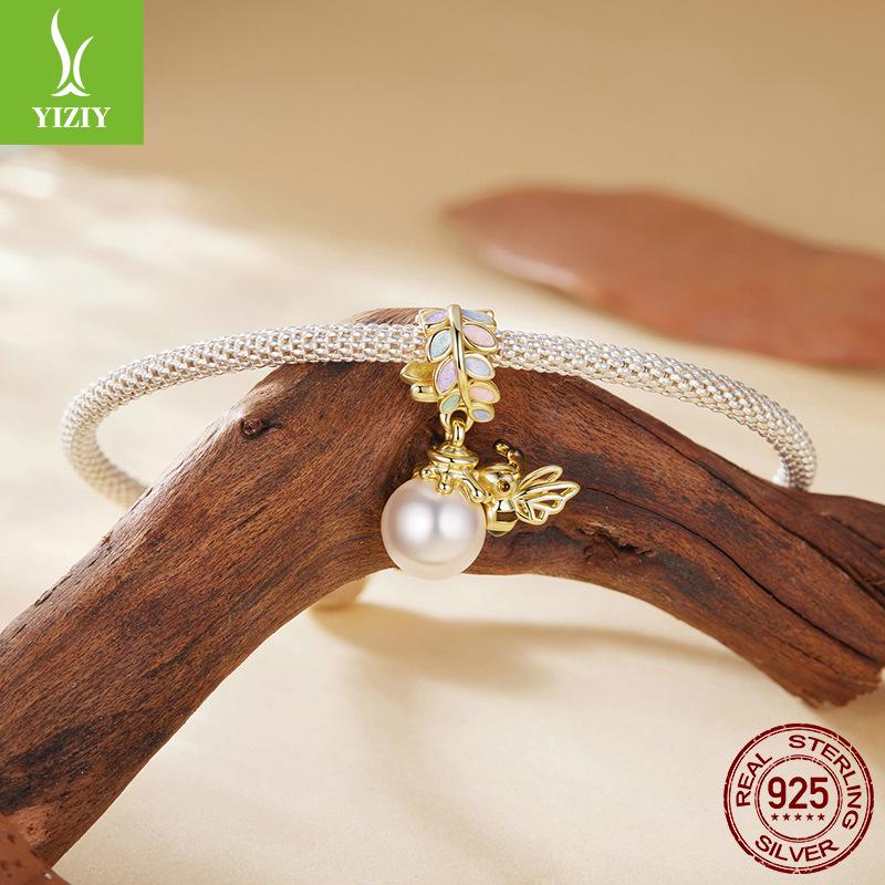 S925 Sterling Silver Plated K Gold Pearl Bee Pendant Small Fresh Insect Diy Bracelet Beaded