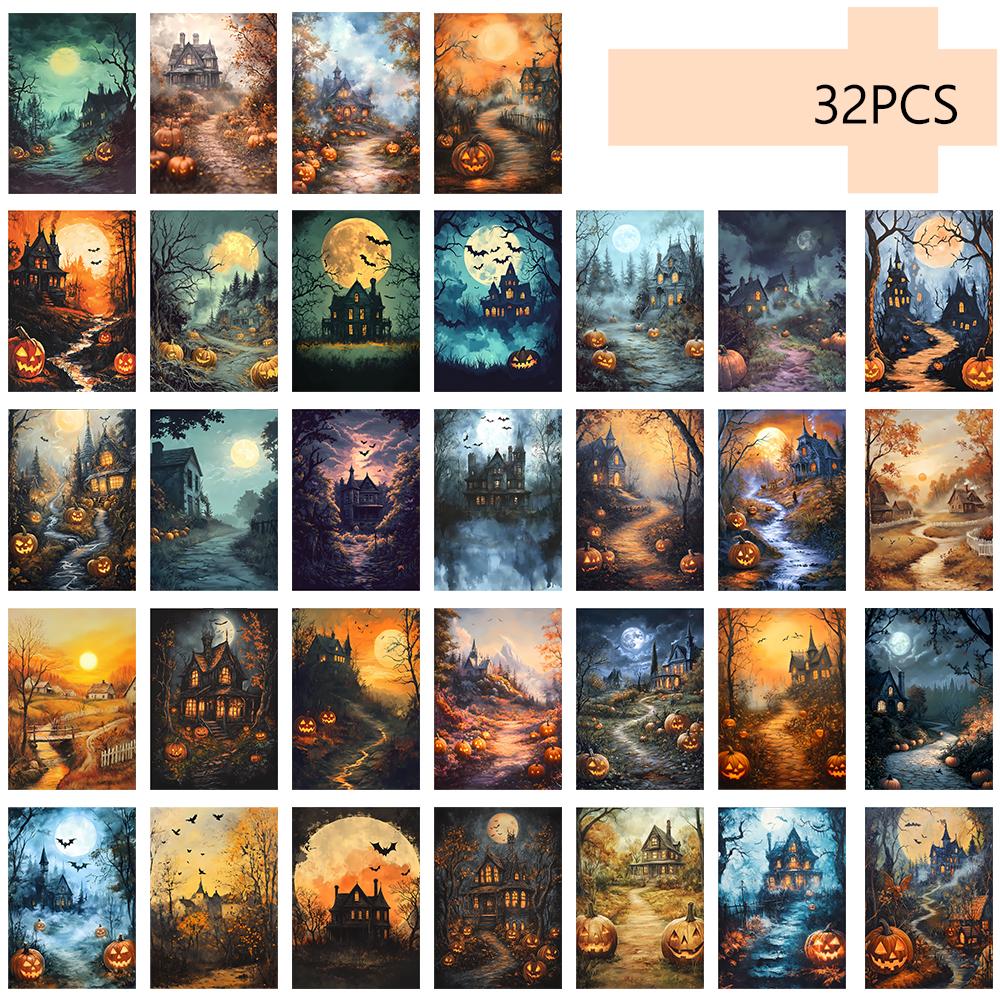 

32pcs, watercolor Halloween landscape postcards, scary retro, birthday/anniversary gifts, collectible, giftable, and mailable