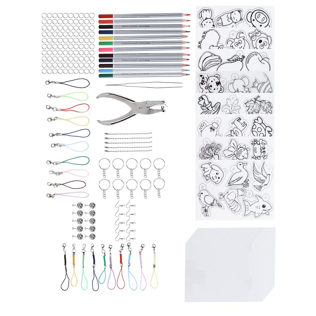 Heat Shrink Sheet Set Complete Shrink Plastic Sheet Kit with Colored Pencils for Key Chains Jewelry Toys Making Gift