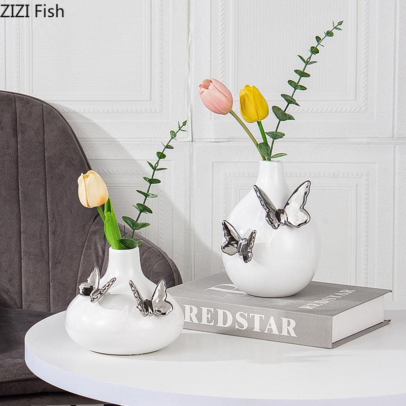 Silver Butterfly Decorative Ceramic Vase Flowers Pots Desk Decoration Flower Arrangement Floral Vases Room Aesthetic Decor
