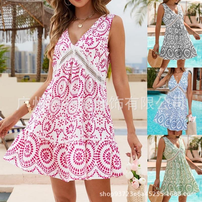 Vestido feminino primavera/verão elegante estampado renda vazada decote em v sem mangas