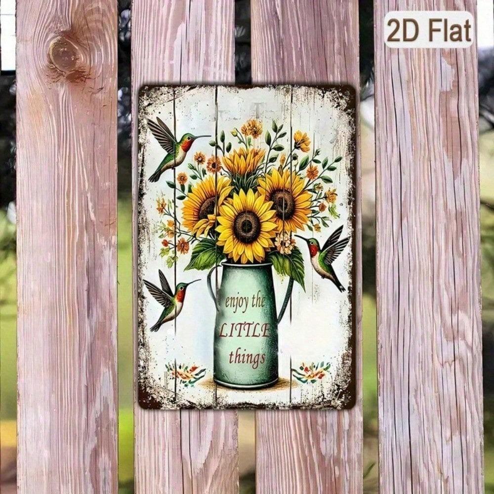 1PC Rustic Sunflower Metal Tin Sign, 2D Flat Hummingbird Plaque with Enjoy The Little Things Quote, Farmhouse Wall Decor
