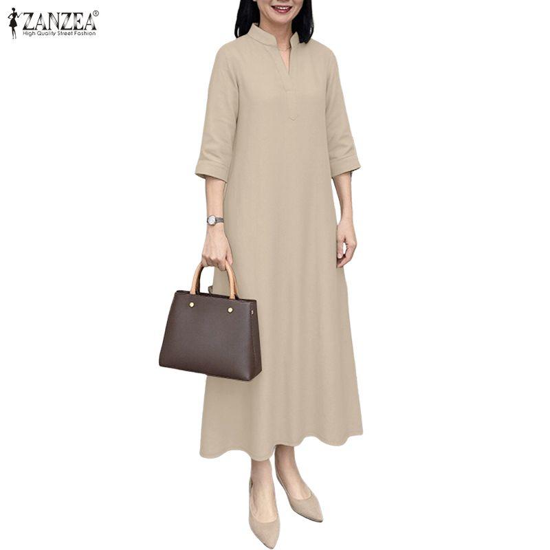 ZANZEA Rochie lungă casual de damă cu gât în V, culoare solidă, mâneci 3/4 largi